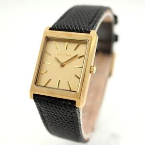 Breda Gold Tone Unisex 26mm Tank Dress Watch Minimal Black Leather w New Battery